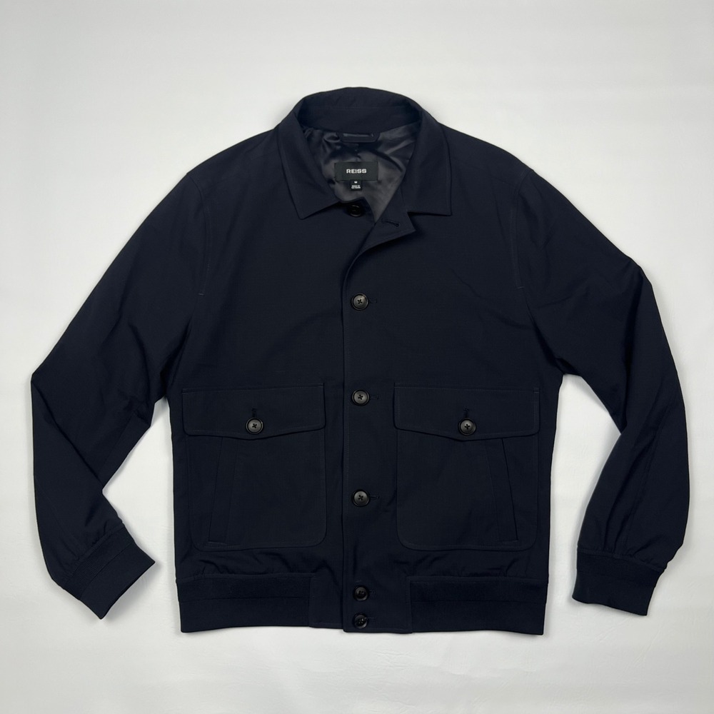 Reiss Raider Textured Blouson Jacket Mens M Navy Blue Utility Button Front